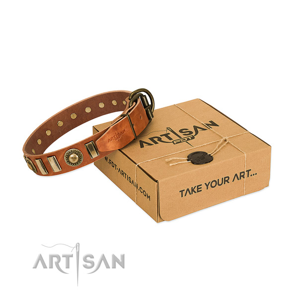 Flexible full grain genuine leather dog collar with strong D-ring