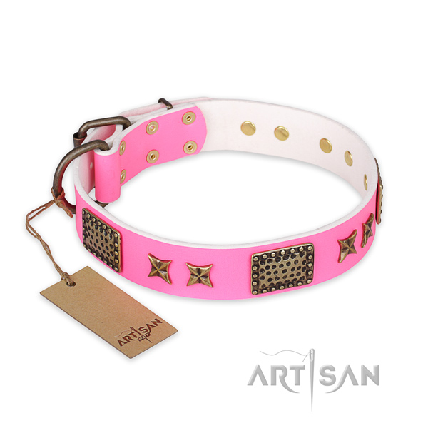 Convenient genuine leather dog collar with corrosion proof traditional buckle