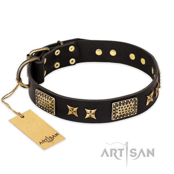 Adorned natural genuine leather dog collar with rust resistant traditional buckle
