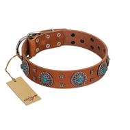 "Blue Sands" FDT Artisan Tan Leather Pitbull Collar with Silver-like Studs and Round Conchos with Stones