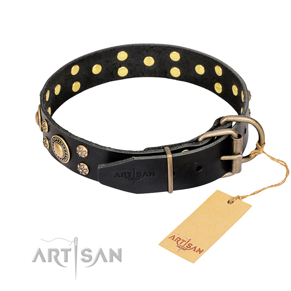 Everyday use natural genuine leather collar with decorations for your four-legged friend