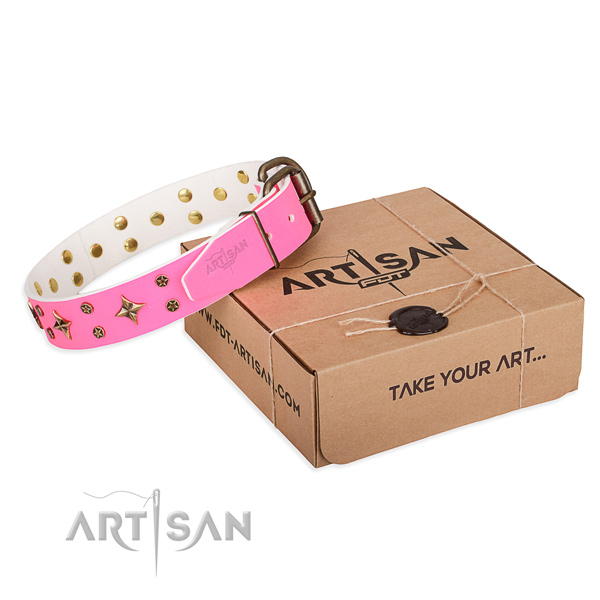 Decorated full grain natural leather dog collar for comfy wearing