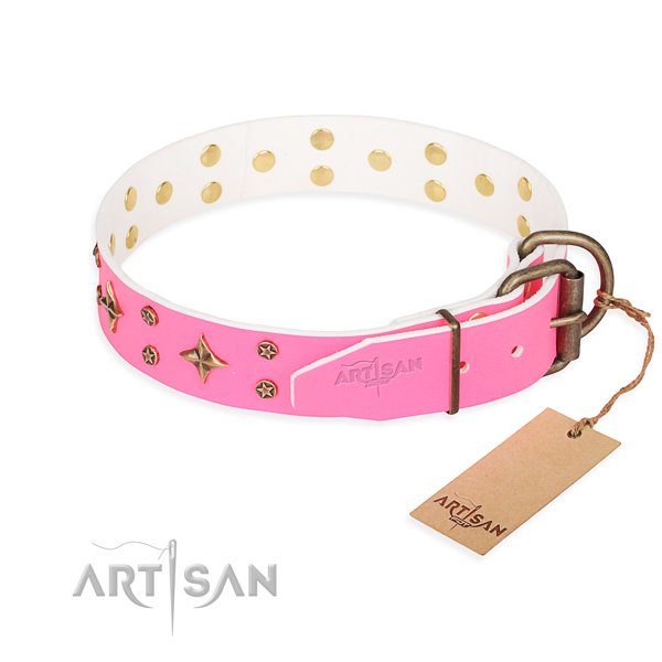 Handy use natural genuine leather collar with decorations for your canine