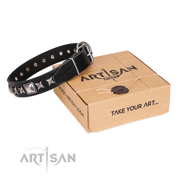 Embellished full grain leather dog collar for stylish walking