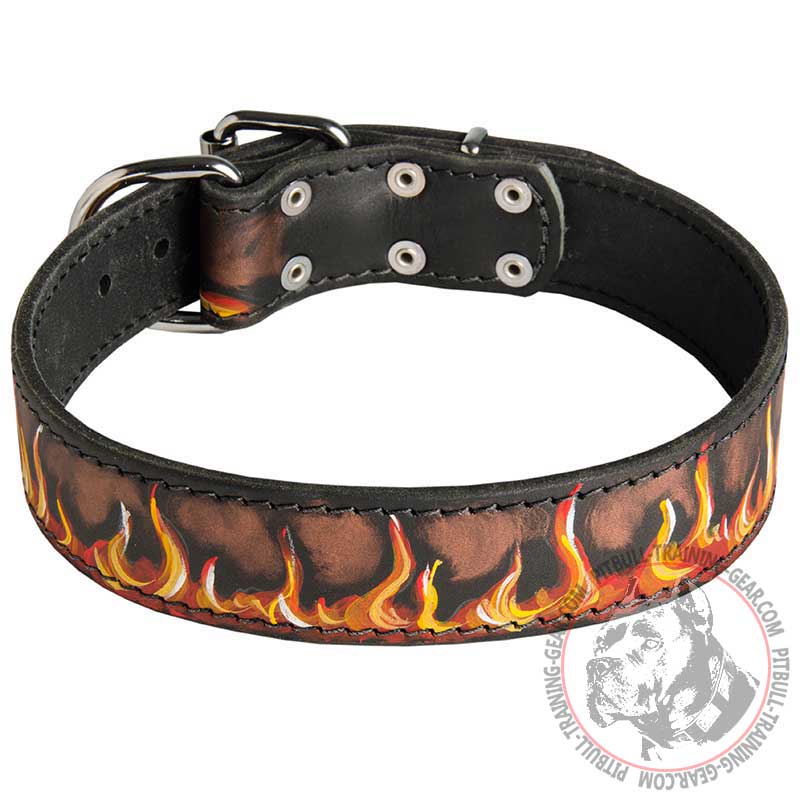 Adjustable Leather Pitbull Collar with Hand Painted Flames