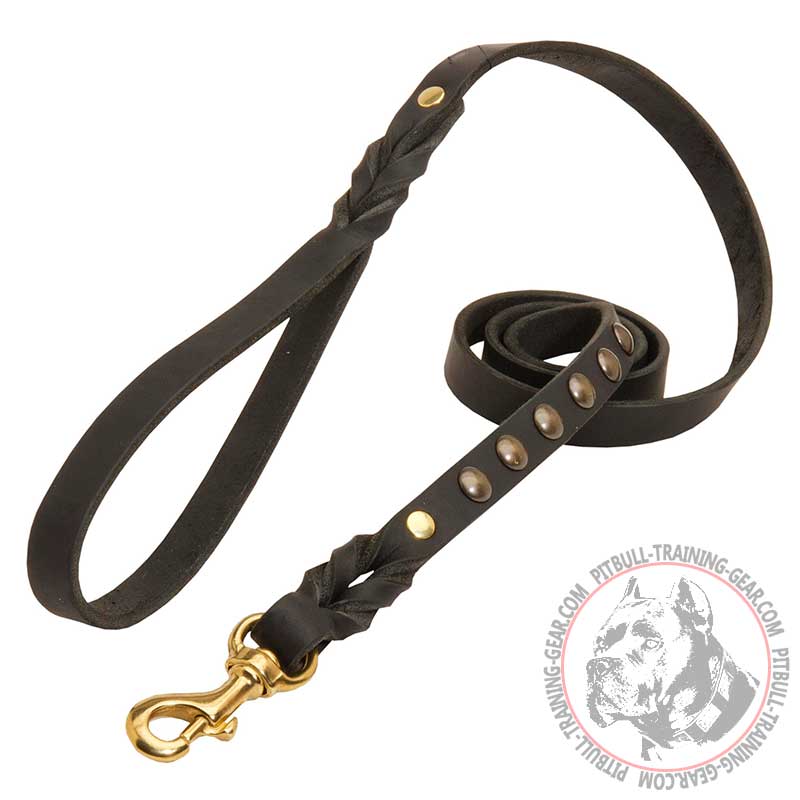 Studded Leather Dog Leash for Pitbull Walking and Training