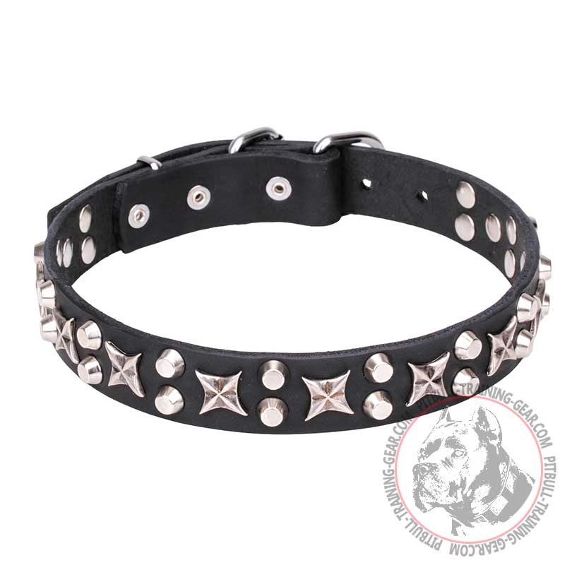 "Shining Stars" 1 1/5 inch (30 mm) Wide Pit Bull Leather Dog Collar