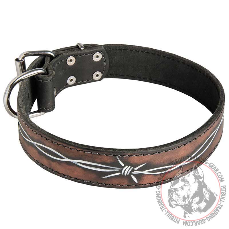 Handpainted Leather Pitbull Collar with Barbed Wire Drawing