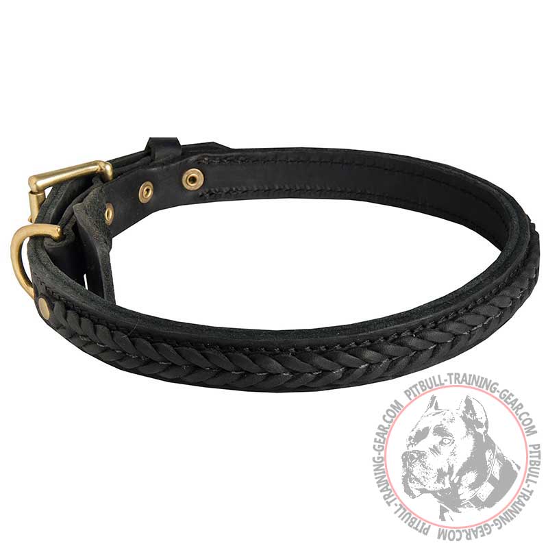 Stylish Leather Pitbull Collar with Braided Decorations