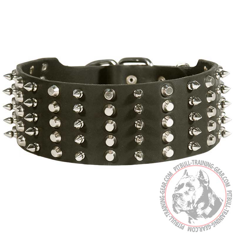 Strong Adjustable Spiked and Studded Leather Pitbull Collar for Walking