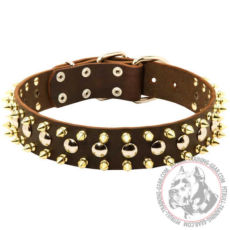 3 Rows Leather Pitbull Collar with Nickel Studs and Brass Spikes - Click Image to Close