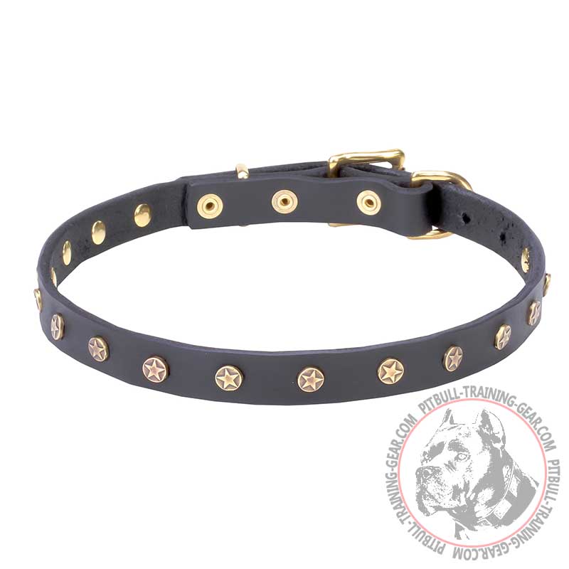 'Stars' Decorated Leather Pitbull Collar with Brass Studs - 4/5 inch (20 mm) wide - Click Image to Close