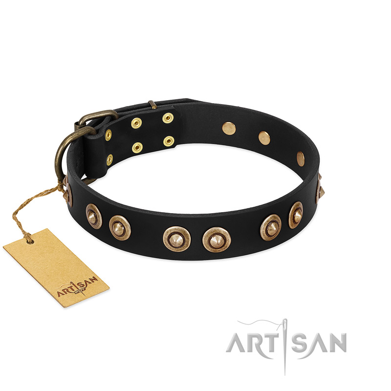 "Golden Artifact" FDT Artisan Black Leather Pitbull Collar with Old-bronze Covered Medallions
