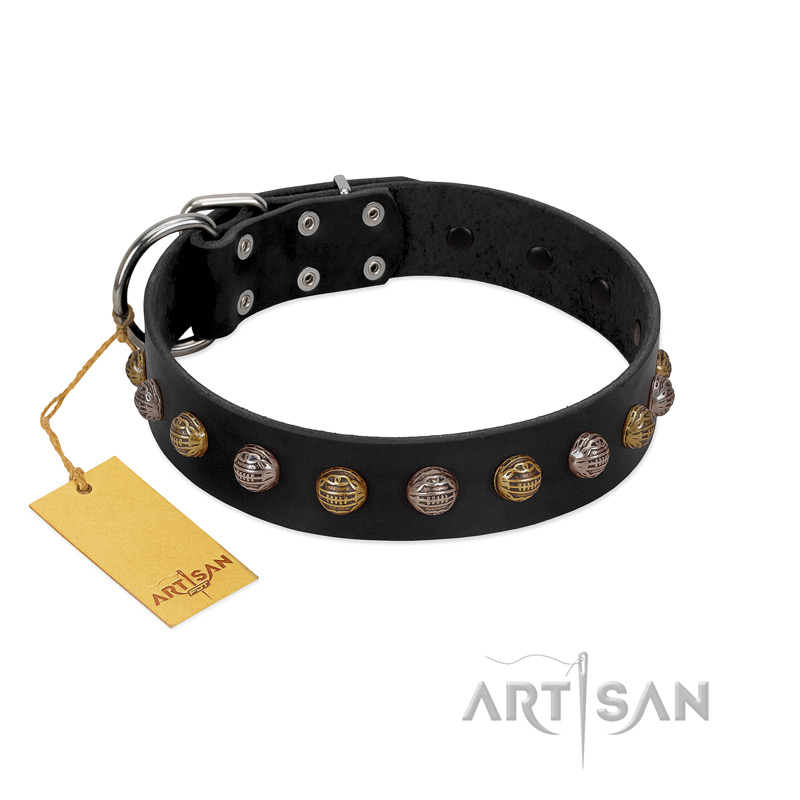 "Inky Prettification" FDT Artisan Black Leather Pitbull Collar with One Row of Studs