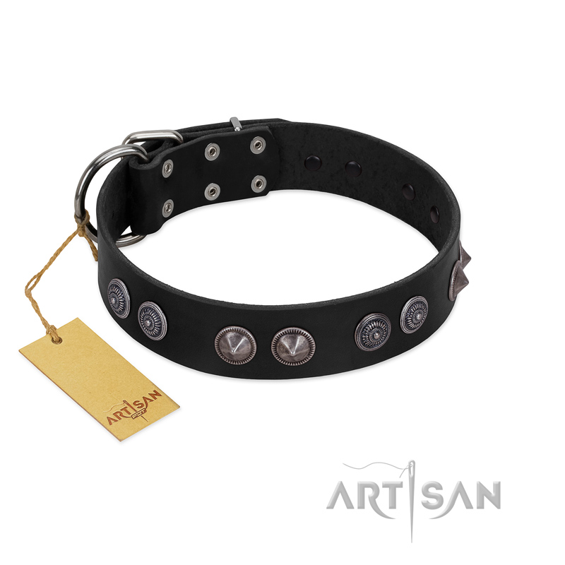 "Silver Medallions" Mod FDT Artisan Black Leather Pitbull Collar with Round Plates