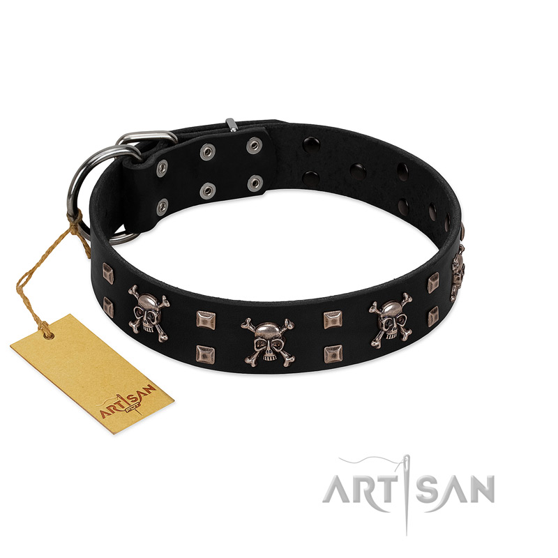 "Black Jack" Stylish Handmade FDT Artisan Black Leather Pitbull Collar