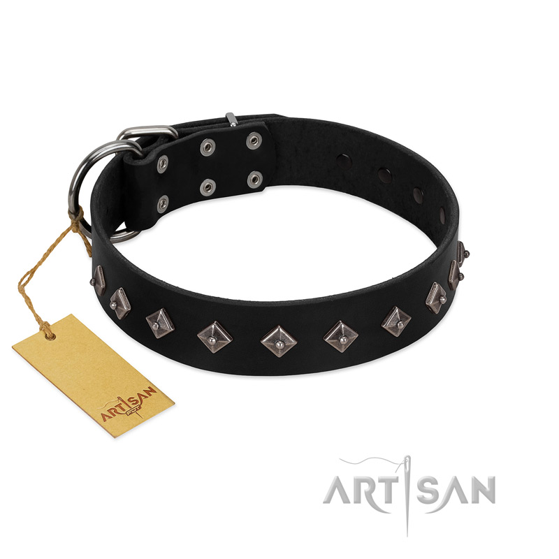 "Immense Power" Handcrafted FDT Artisan Black Leather Pitbull Collar with Small Dotted Pyramids