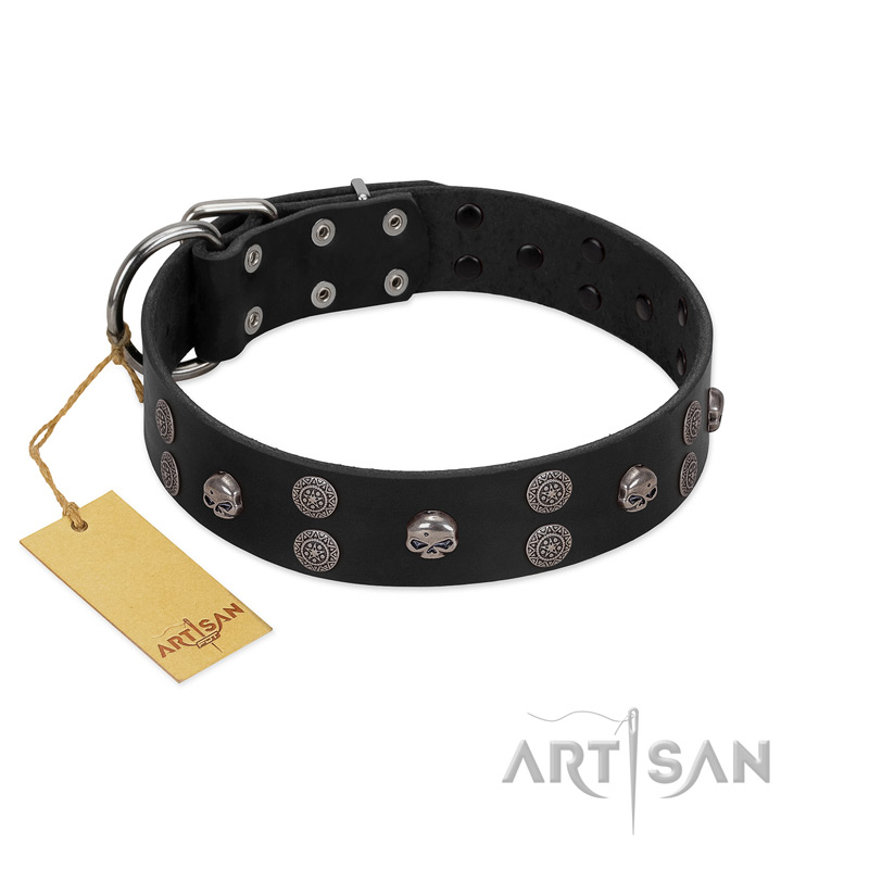 "Skull Art" Designer Handmade FDT Artisan Black Leather Pitbull Collar with Skulls