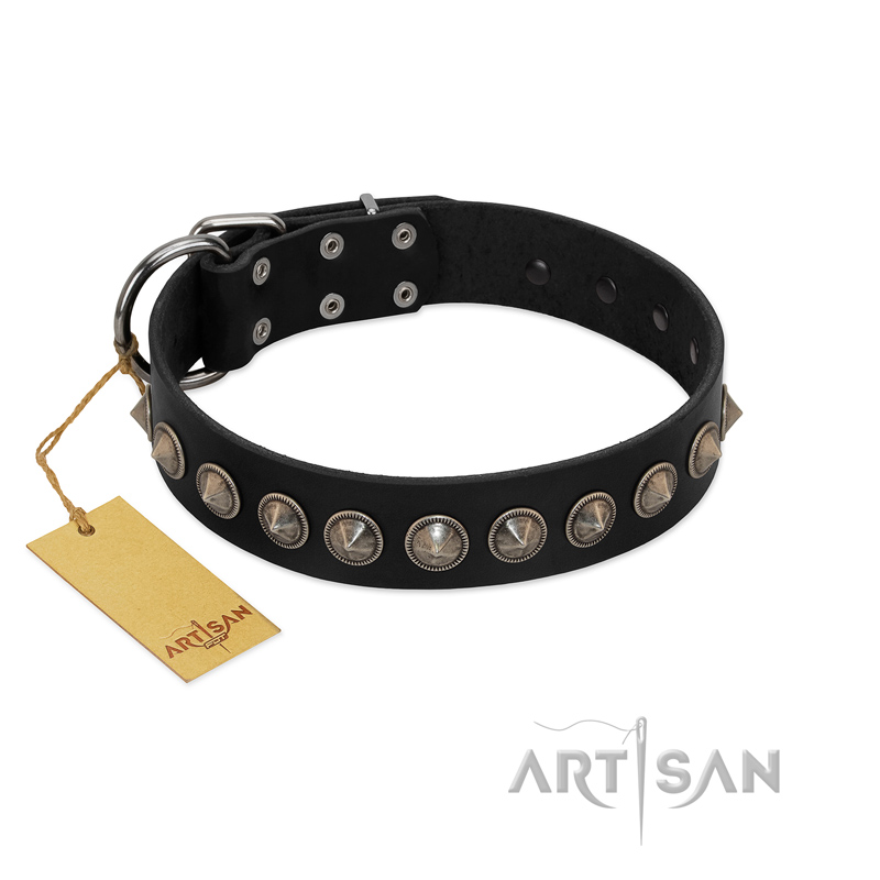 "Black Eagle" Handcrafted FDT Artisan Black Leather Pitbull Collar with Silver-Like Adornments