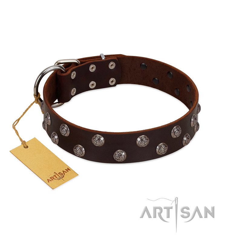 "Blossom Jewel" FDT Artisan Brown Leather Pitbull Collar with Two Rows of Silver-like Studs with Engraved Flowers