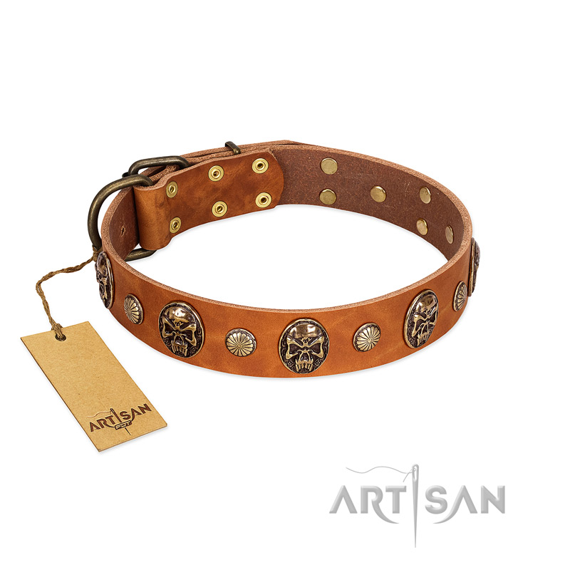 "Call of Feat" FDT Artisan Tan Leather Pitbull Collar with Old Bronze-like Studs and Oval Brooches - Click Image to Close