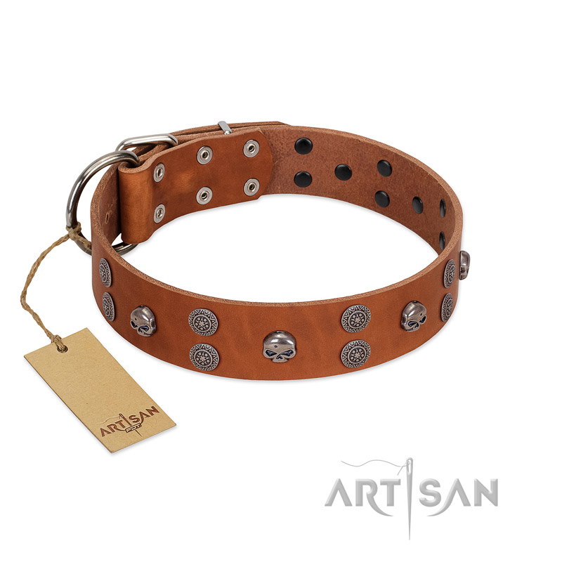 "Road Rider" FDT Artisan Tan Leather Pitbull Collar with Old Silver-like Skulls and Medallions