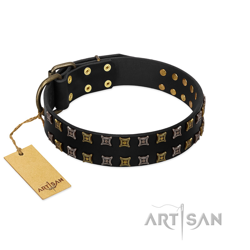 "Refined Pattern" FDT Artisan Black Leather Pitbull Collar with Two Rows of Stunning Decorations