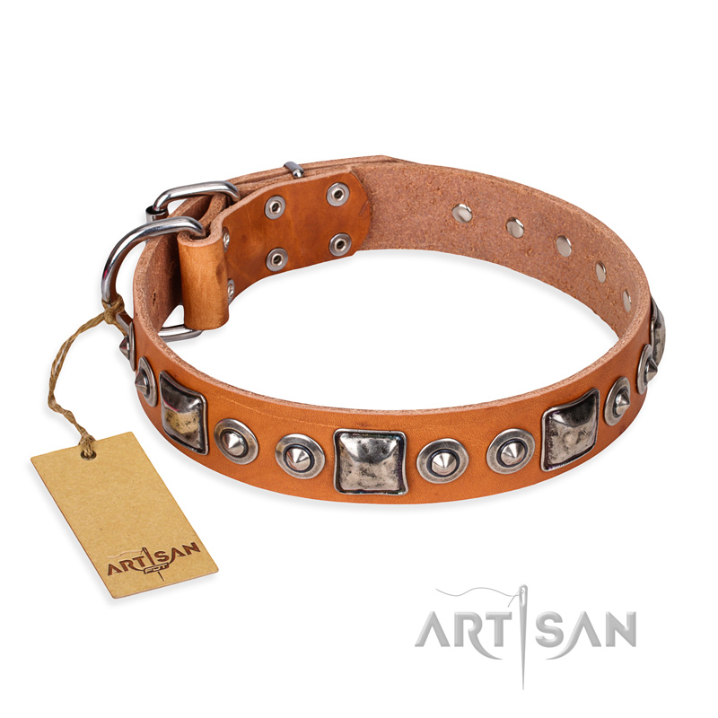 "Era of Future" FDT Artisan Handcrafted Tan Leather Pitbull Collar with Decorations