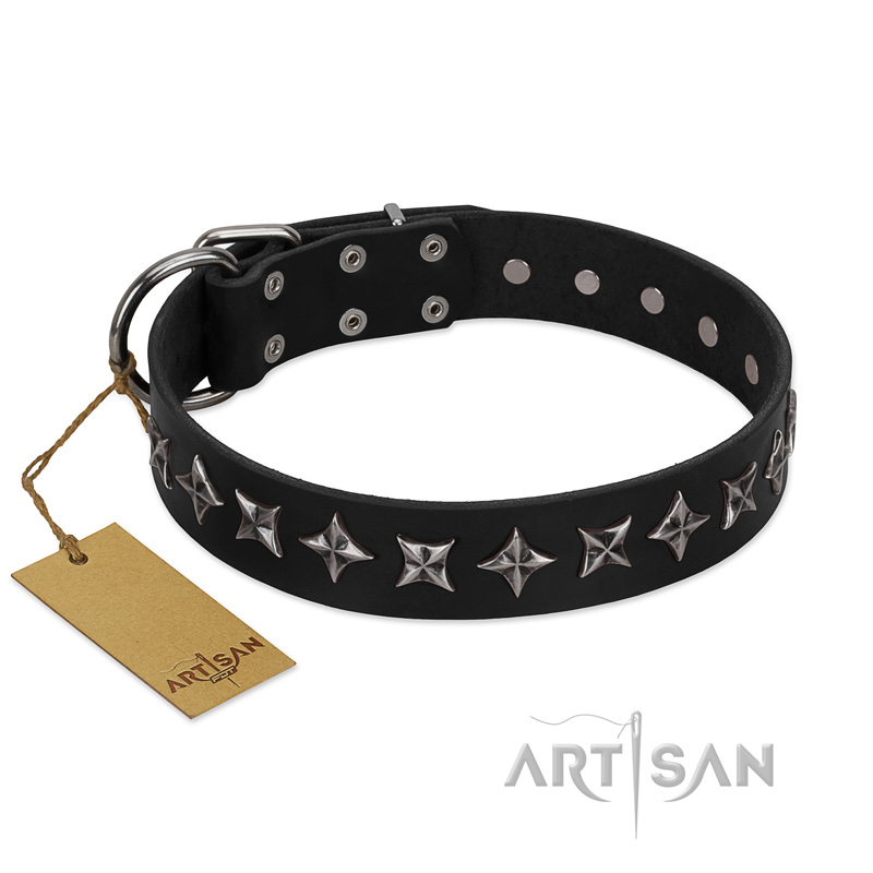 "Lights-out" FDT Artisan Black Leather Pitbull Collar with Silver-like Set of Stars