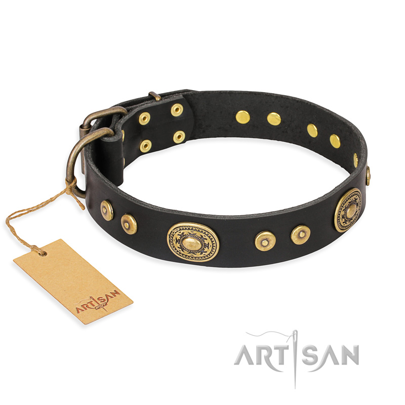 "Golden Radiance" FDT Artisan Black Leather Pitbull Collar with Old Bronze Look Ovals and Circles