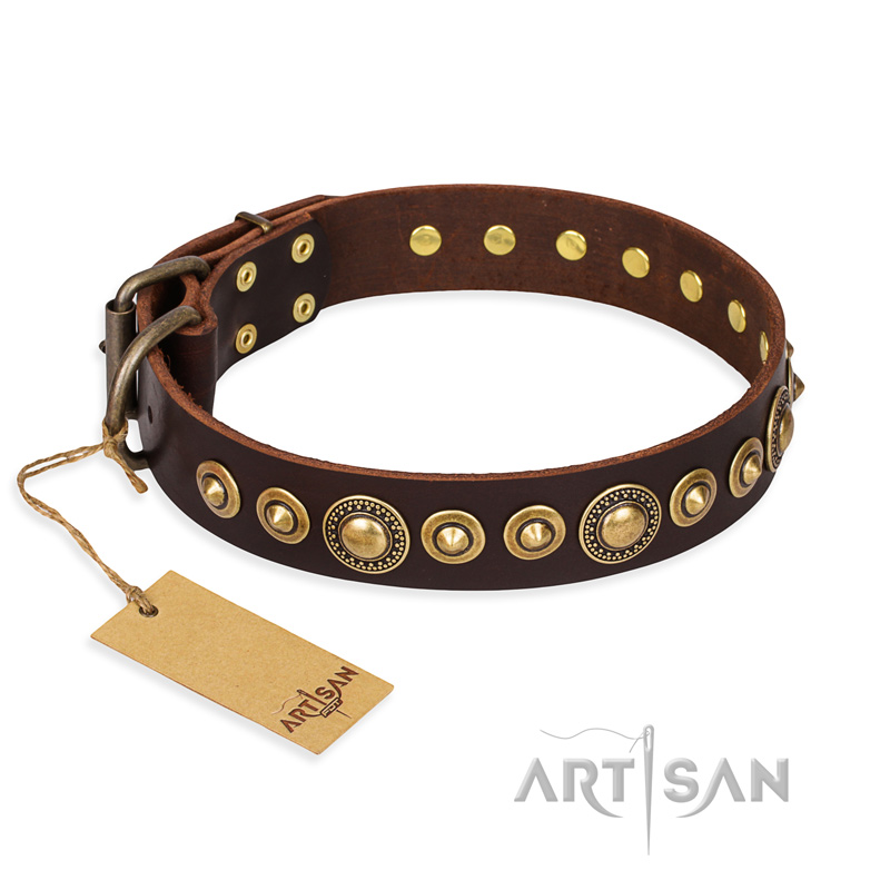 "Ancient Warrior" FDT Artisan Fancy Leather Pitbull Collar with Old-Bronze Plated Decorations