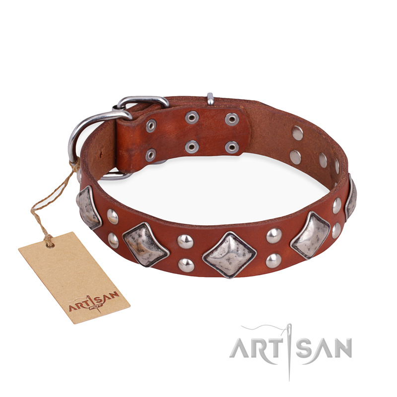 "Magic Squares" FDT Artisan Tan Leather Pitbull Collar with Silver-like Decor - Click Image to Close