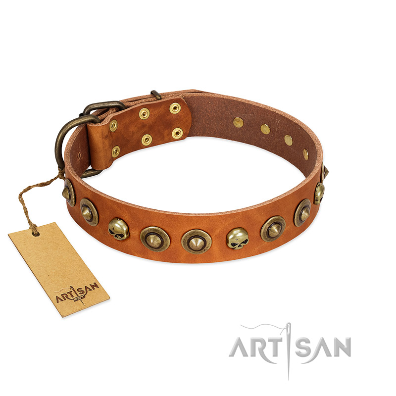 "Prez of the Pack" FDT Artisan Tan Leather Pitbull Collar with Skulls and Brooches - Click Image to Close