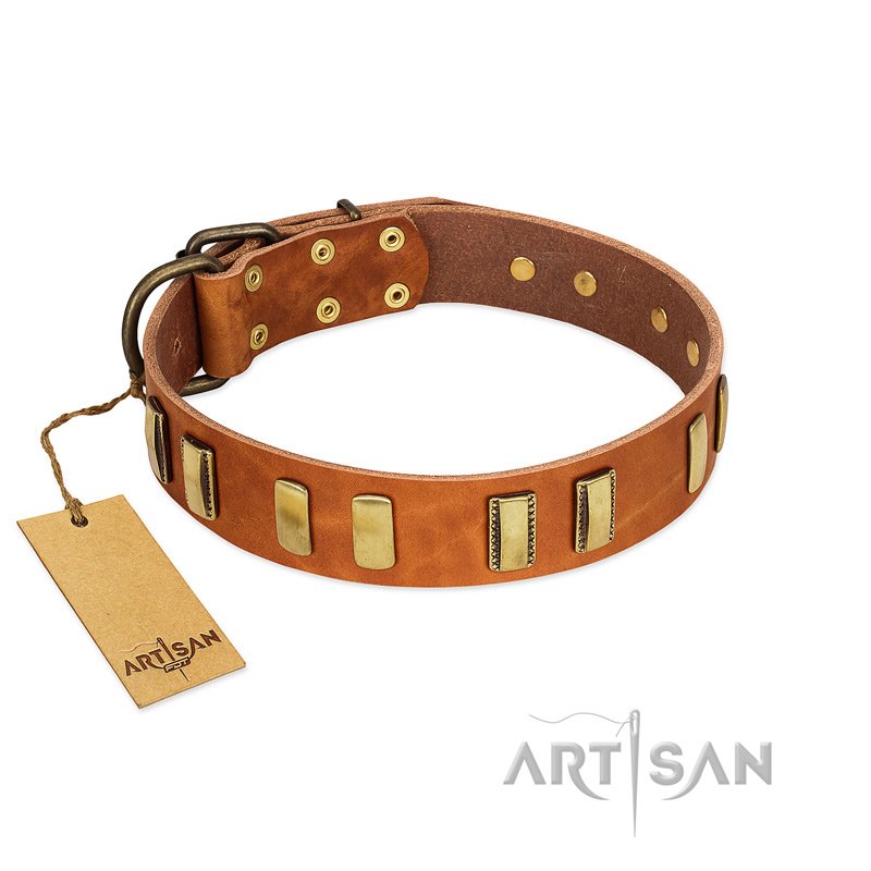 "Olive Slice" FDT Artisan Tan Leather Pitbull Collar with Engraved and Smooth Plates