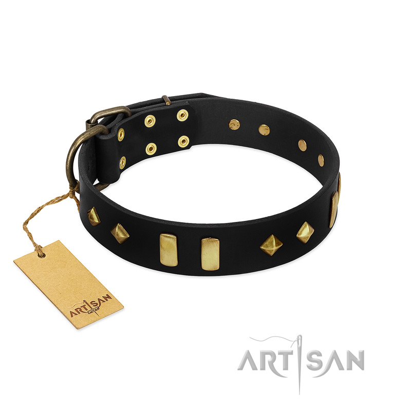"De Luxe" FDT Artisan Black Leather Pitbull Collar with Old Bronze-like Plates and Studs