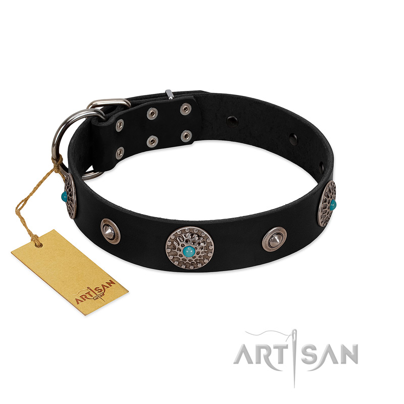 "Blue Gems" FDT Artisan Black Leather Pitbull Collar with Chrome Plated Studs and Conchos