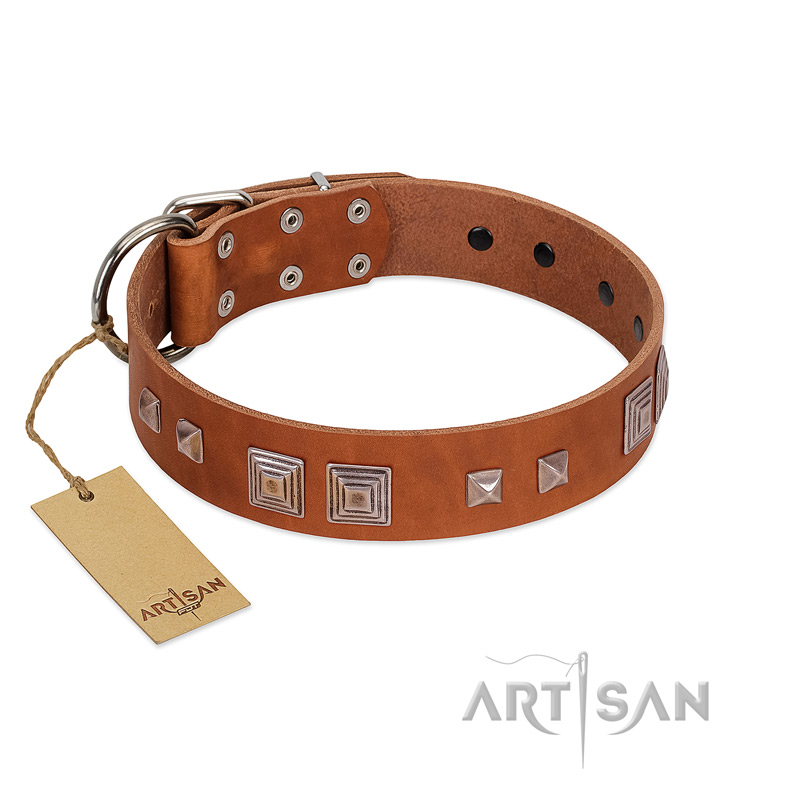 "Egyptian Gifts" Handmade FDT Artisan Tan Leather Pitbull Collar with Chrome-plated Pyramids