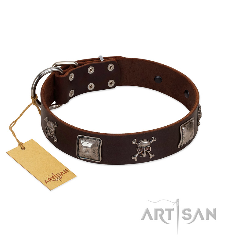 "Nut-Brown Finery" Embellished FDT Artisan Brown Leather Pitbull Collar with Chrome Plated Crossbones and Plates