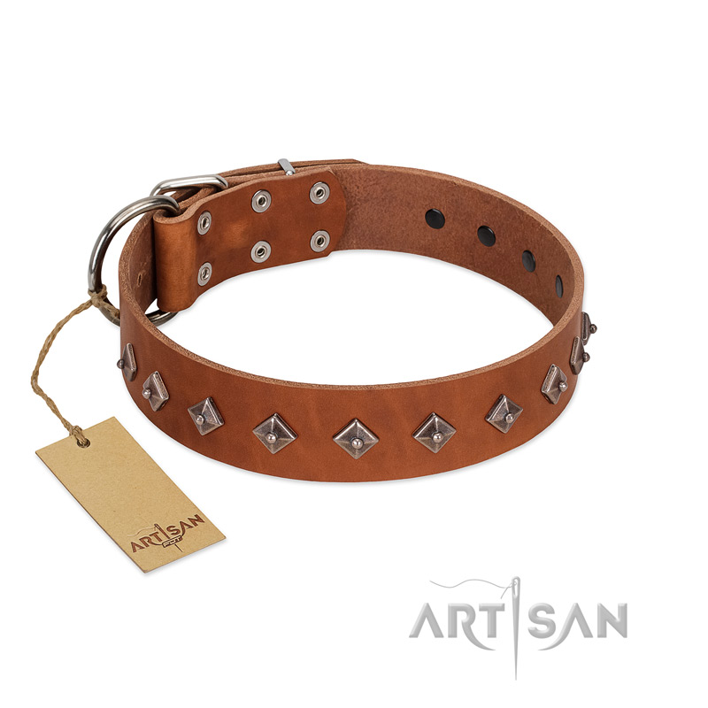 "Broadway" Handmade FDT Artisan Tan Leather Pitbull Collar with Dotted Pyramids