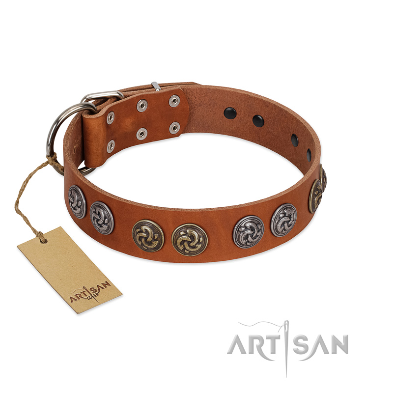 "Luxurious Life" Premium Quality FDT Artisan Tan Leather Pitbull Collar with Round Adornments
