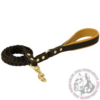 Braided Leather Dog Lead for Pit Bull with Golden Brass Snap Hook