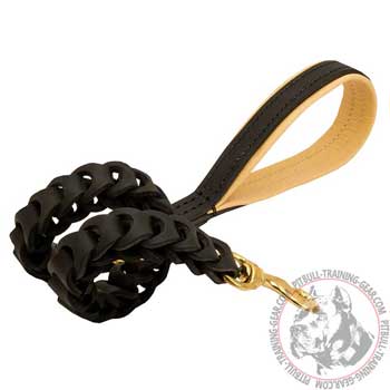 Braided Leather Dog Lead for Pit Bull with Comfy Nappa Padded Handle
