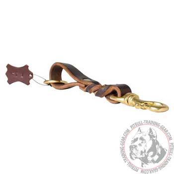 Short Leather Dog Lead for Pit Bull with Golden Brass Snap Hook