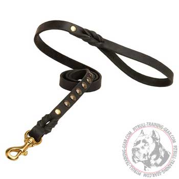 Fashion Studded Leather Dog Leash for Pit Bull Terrier with Brass Snap Hook